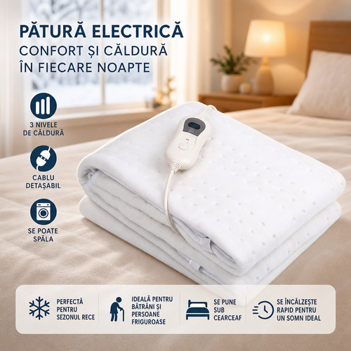 Pătură Electrică Încălzită, 150x80 cm, 60W, 3 Trepte de Temperatură, Oprire Automată, Spălare la Mașină