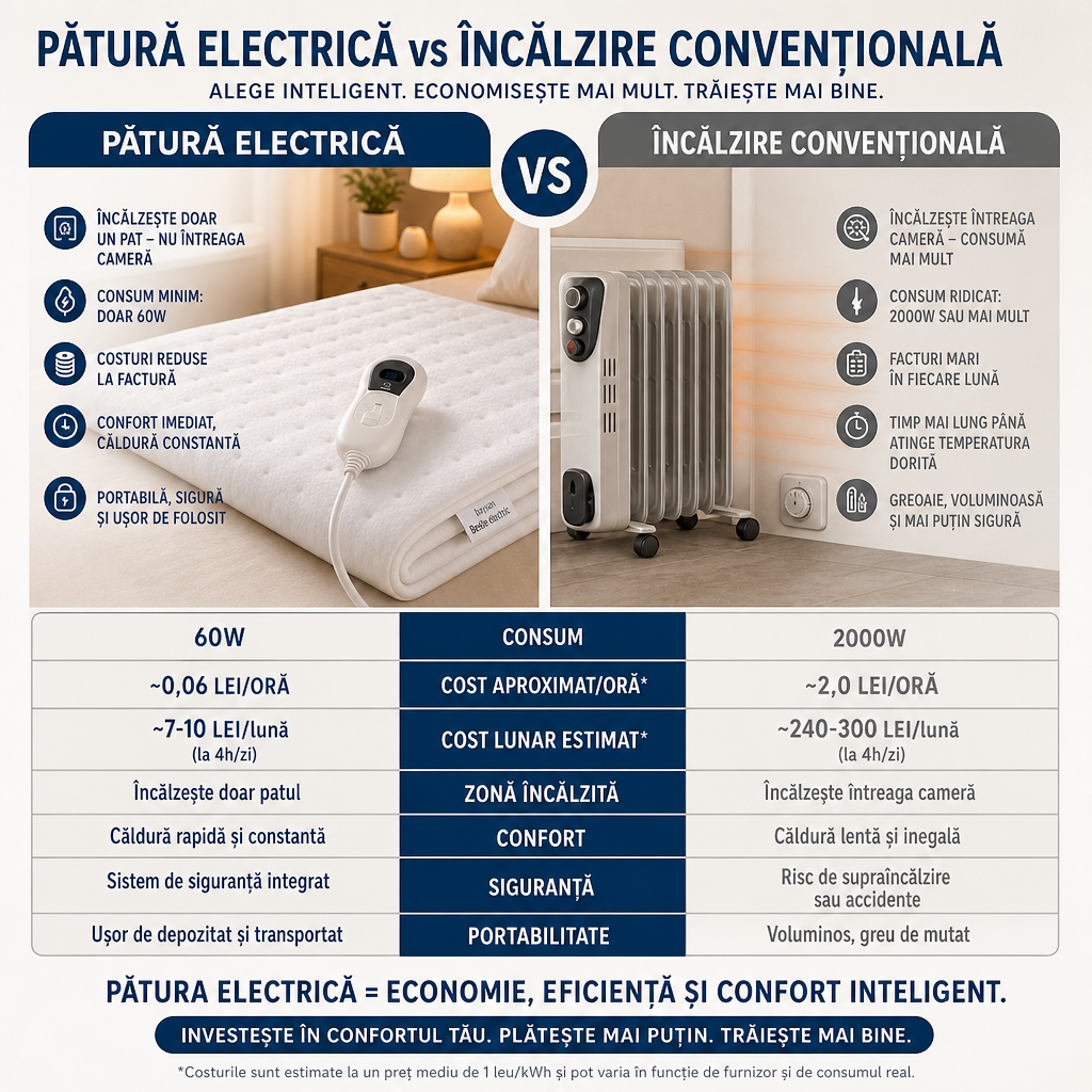 Pătură Electrică Încălzită, 150x80 cm, 60W, 3 Trepte de Temperatură, Oprire Automată, Spălare la Mașină